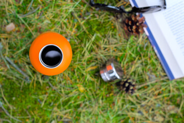Top view of an orange thermos (bottle) with coffee, a book and sunglasses on a green moss in the forest. A way to relax in nature. Flat lay photo. - obrazy, fototapety, plakaty
