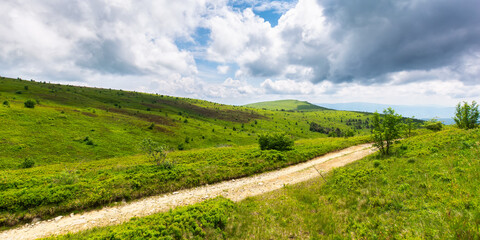 ukrainian carpathians mountain landscape in summer. dirt road and hiking trail track. panoramic view of a hilly countryside. vacation and active lifestyle concept