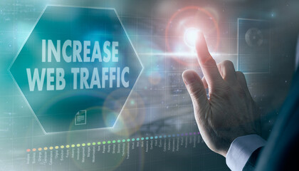 A businessman controlling a futuristic display with a Increase Web Traffic business concept on it.