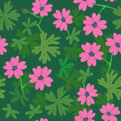 dark green floral seamless pattern - rosy flowers blooming - vector background