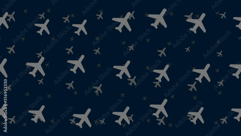 Poster plane symbols float horizontally from left to right. parallax fly effect. floating symbols are locat