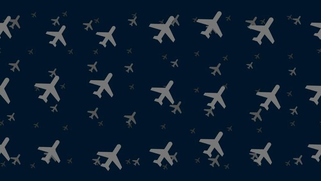 Plane symbols float horizontally from left to right. Parallax fly effect. Floating symbols are located randomly. Seamless looped 4k animation on dark blue background