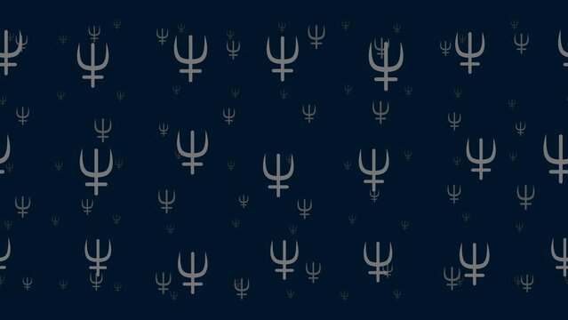 Astrological neptune symbols float horizontally from left to right. Parallax fly effect. Floating symbols are located randomly. Seamless looped 4k animation on dark blue background