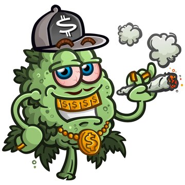 Urban style hip hop marijuana bud cartoon character sporting swag and smoking a joint wearing shades