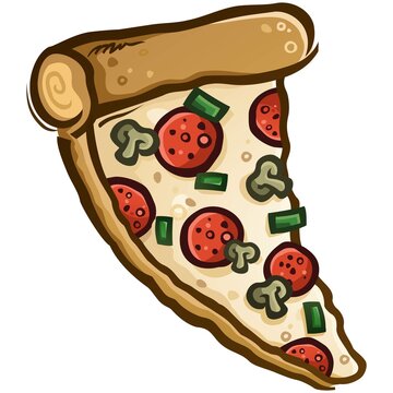 Large slice of deluxe pizza covered in pepperoni green peppers and mushrooms cartoon vector illustration