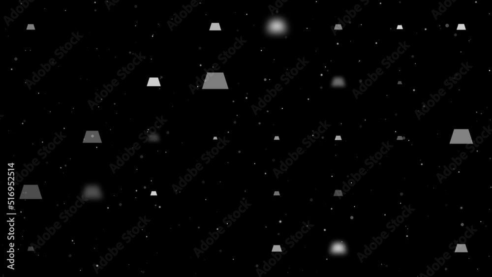 Poster Template animation of evenly spaced trapezoid symbols of different sizes and opacity. Animation of transparency and size. Seamless looped 4k animation on black background with stars
