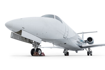 Close-up of a modern corporate airplane isolated on white background