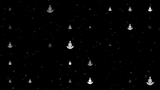 Template animation of evenly spaced yoga symbols of different sizes and opacity. Animation of transparency and size. Seamless looped 4k animation on black background with stars