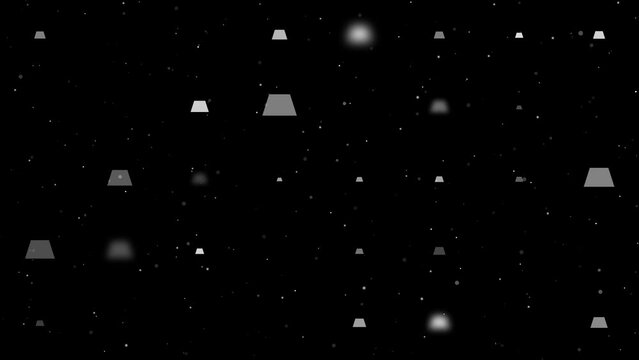 Template animation of evenly spaced trapezoid symbols of different sizes and opacity. Animation of transparency and size. Seamless looped 4k animation on black background with stars