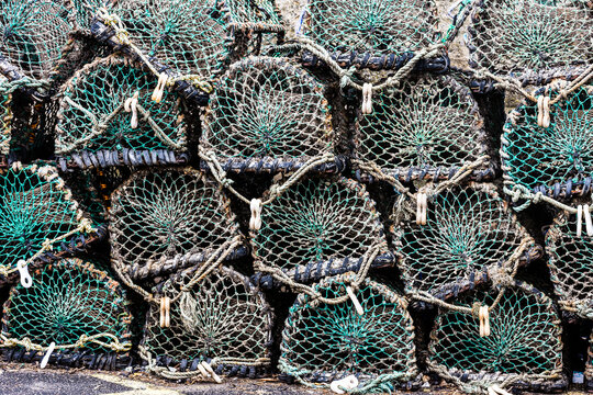 Lobster Pots In Seahouses, Northumberland, UK.
