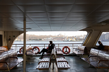 Passengers on boat trip. Sitting people in steamship.