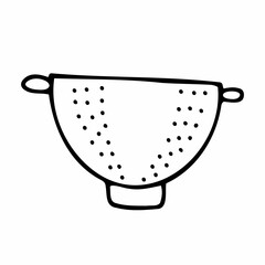 Doodle colander with handles image. Hand-drawn sifting dish. Outline sieve, skimmer, strainer isolated on white background. Sifting sign. line Cooking cute utensils symbol. Vector food illustration - obrazy, fototapety, plakaty