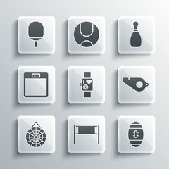 Set Volleyball net, American Football, Whistle, Smart watch showing heart beat rate, Classic dart board, Bathroom scales, Racket for playing table tennis and Bowling pin icon. Vector