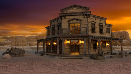 Old wild west saloon in a western desert town at sunset with mountains under orange sky in the background. 3D rendering. - obrazy, fototapety, plakaty