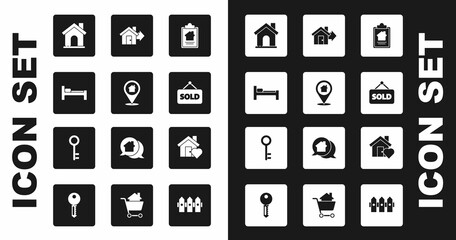 Set House contract, Location with house, Bed, Hanging sign text Sold, Sale, heart shape and key icon. Vector