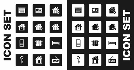 Set House with wrong mark, Location house, under protection, Garage, check, Online real estate, Bed and Closed door icon. Vector