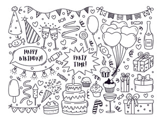 Vector set of outline party doodles. Hand drawn birthday, anniversary, carnival, festival decor. Balloons, cupcakes, gift boxes, glasses, buntnting garland illustrations in freehand style - obrazy, fototapety, plakaty