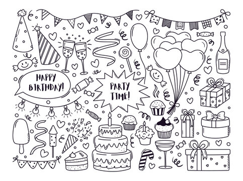 Vector set of outline party doodles. Hand drawn birthday, anniversary, carnival, festival decor. Balloons, cupcakes, gift boxes, glasses, buntnting garland illustrations in freehand style