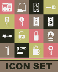 Set Wrong key, Create account screen, Eye scan, Mobile and graphic password, Undefined, Car with remote, House intercom system and fingerprint icon. Vector