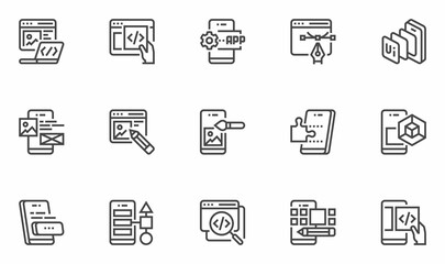App Development Related Vector Line Icons Set. Application, Software, Coding, Component. Editable Stroke. 48x48 Pixel Perfect.