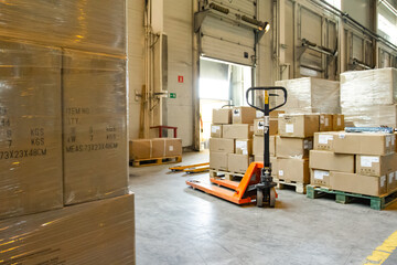 Group of boxes in storehouse. Pallets with carton boxes. Interior of a modern warehouse storage