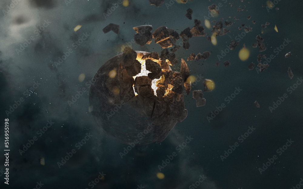 Wall mural 3d render of planet explosion. 5k realistic science fiction art. elements of image provided by nasa