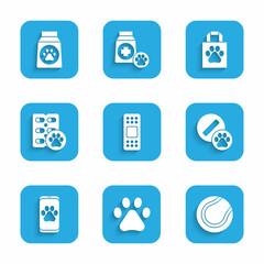 Set Bandage plaster, Paw print, Tennis ball, Dog pill, Veterinary clinic, Shopping bag pet and Bag of food icon. Vector