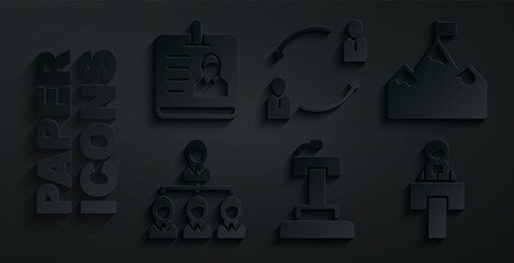 Set Stage stand or tribune, Mountains with flag, Hierarchy organogram chart, Human resources and Identification badge icon. Vector