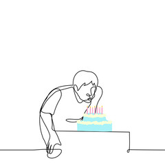 man blowing out the candles on the cake - one line drawing vector. the birthday boy bent over a table with a two-story cake. concept celebrate birthday alone