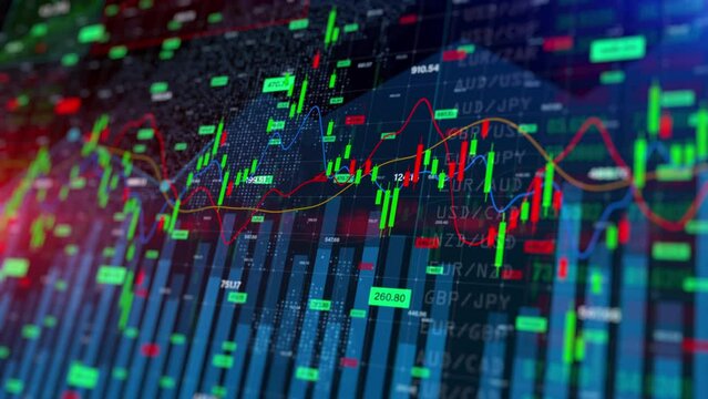 Business Stock Market, Digital Data Financial Investment And Trading Trends. Financial Diagram With Charts Stock Numbers, Recession Global Market Crisis Inflation Deflation Investment Background.