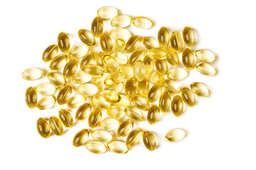 Vitamin D3, omega 3 fish oil supplement softgel capsules isolated on white background mockup. Health care, diet, heart cardiovascular support , skin care, pharmacy concept