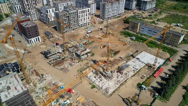 Drone aerial view construction of residential premises. Modern building Residential complex Faina Town. Kyiv capital of Ukraine