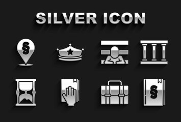 Set Oath on the Holy Bible, Prison window, Law book, Briefcase, Old hourglass, Prisoner, Location law and Police cap with cockade icon. Vector