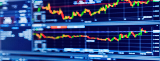 Banner,advertisement.Screen electronic stock exchange online trading platform,blurred background.