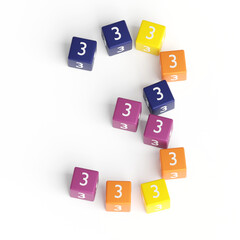 Obraz premium Number 3 from cubes. Font from cubes. 3D illustration. White background. Lettering design element. Children's font for learning the alphabet. 