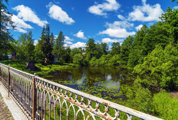 Fototapeta premium A bridge on the shore in the Priyutino estate. Vsevolozhsk. Leningrad region.