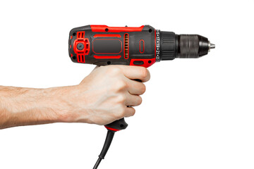 Electric screwdriver in hand. Electric drill in hand on a white background.