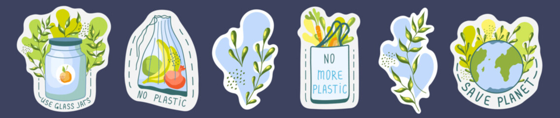 Ecological stickers. Environment protection, sustainability concept. No plastic, safe planet, use your own bag. Reuse. Recycle. Vector illustration.