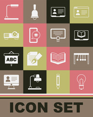 Set Light bulb with idea, Pendulum, Online class, Graduation cap on mobile, Movie, film, media projector, Table lamp and Certificate template icon. Vector