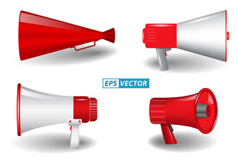 set or realistic red megaphone horn loudspeaker or speaker toa megaphone or protest equipment bullhorn loud speaker. eps vector