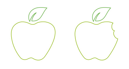 Outlined green apple fruit with green leaf symbol on a white background. Bitten green apple with green leaf icon.