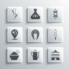 Set Chinese tea ceremony, house, Meatballs wooden stick, Fish steak, Rice bowl with chopstick, China flag, Bamboo and paper lantern icon. Vector
