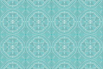 Embossed blue background, ethnic cover design. Geometric abstract 3D pattern. Tribal lace ornaments of East, Asia, India, Mexico, Aztecs, Peru. Handmade style.