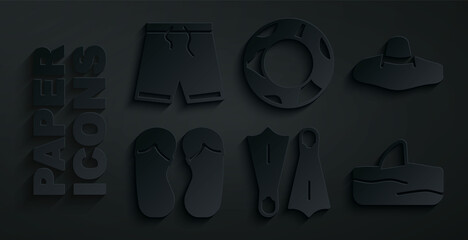 Set Rubber flippers for swimming, Elegant women hat, Flip flops, Shark fin ocean wave, ring and Swimming trunks icon. Vector © Kostiantyn