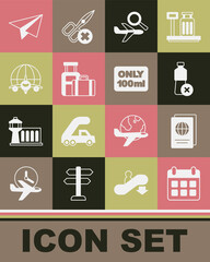 Set Calendar and airplane, Passport, No water bottle, Airplane search, Suitcase, Globe with flying, Paper and Liquids carry-on baggage icon. Vector