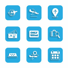 Set Liquids in carry-on baggage, Airplane search, Calendar and airplane, Lost, Taxi roof, Airline ticket, Plane and Globe with flying icon. Vector