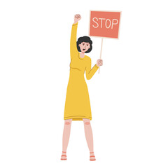 vector isolated illustration of a protesting woman in a yellow dress and a stop sign. symbolizes a rally, protest, struggle for rights and freedom.