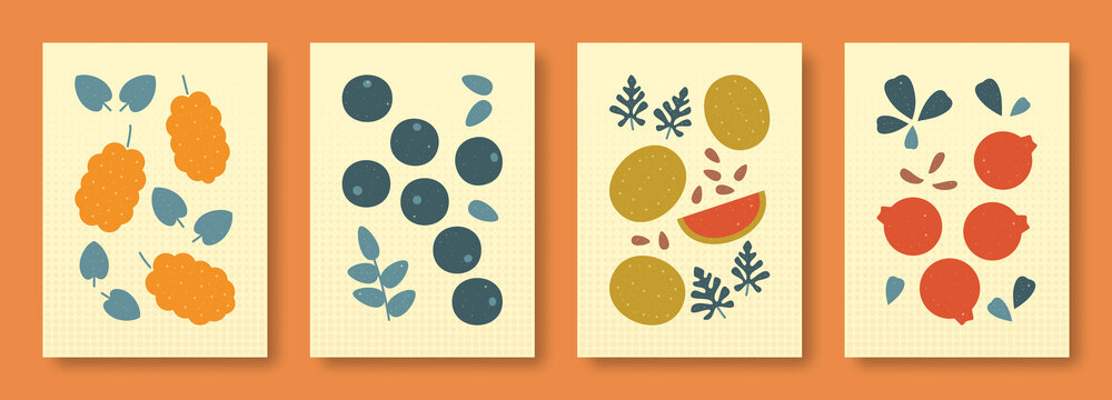 Vector illustration abstract still life of berries in pastel colors. Set of illustrations berries mulberry, whortleberry, watermelon, cowberry.