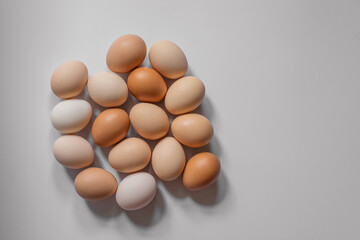 Eggs of different shades of brown lie tightly on a light gray background, top view