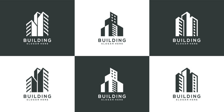 set of Building logo with line art style. city building abstract for logo design inspiration